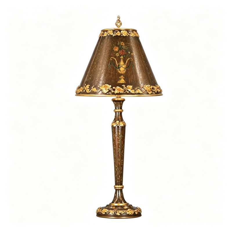 Vintage French-Style Dark-Brown Gilded Carved Vase-Flower Table Lamp
