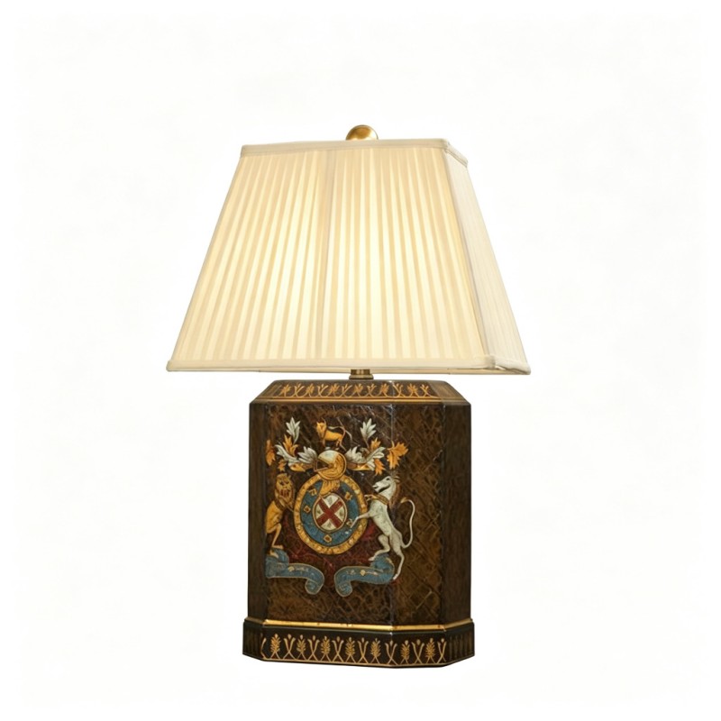 Vintage French-Style Coat-of-Arms Hand-Painted Hexagonal Table Lamp