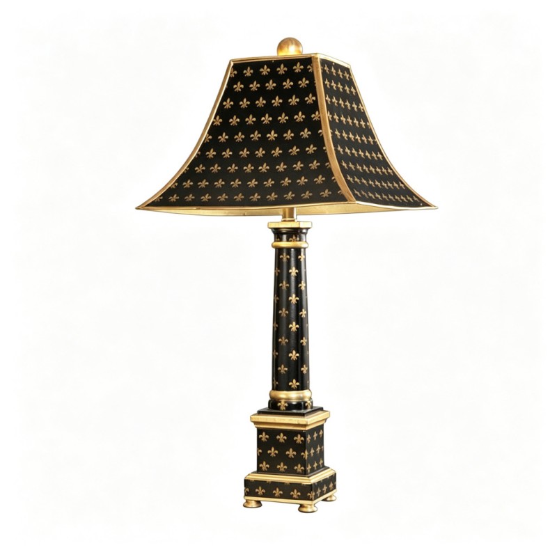 French-Style Black-Base Gold Fleur-de-Lis Table Lamp