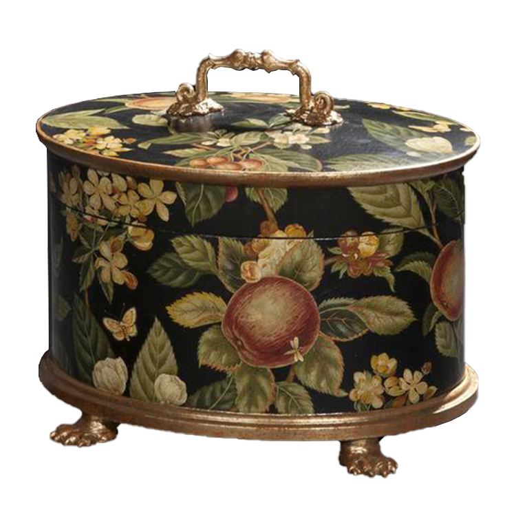 French Black Floral-Fruit Hand-Painted Oval Storage Box