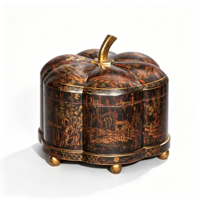 Black-Red-Brown Hand-Painted-Landscape Pumpkin-Shaped Storage Box