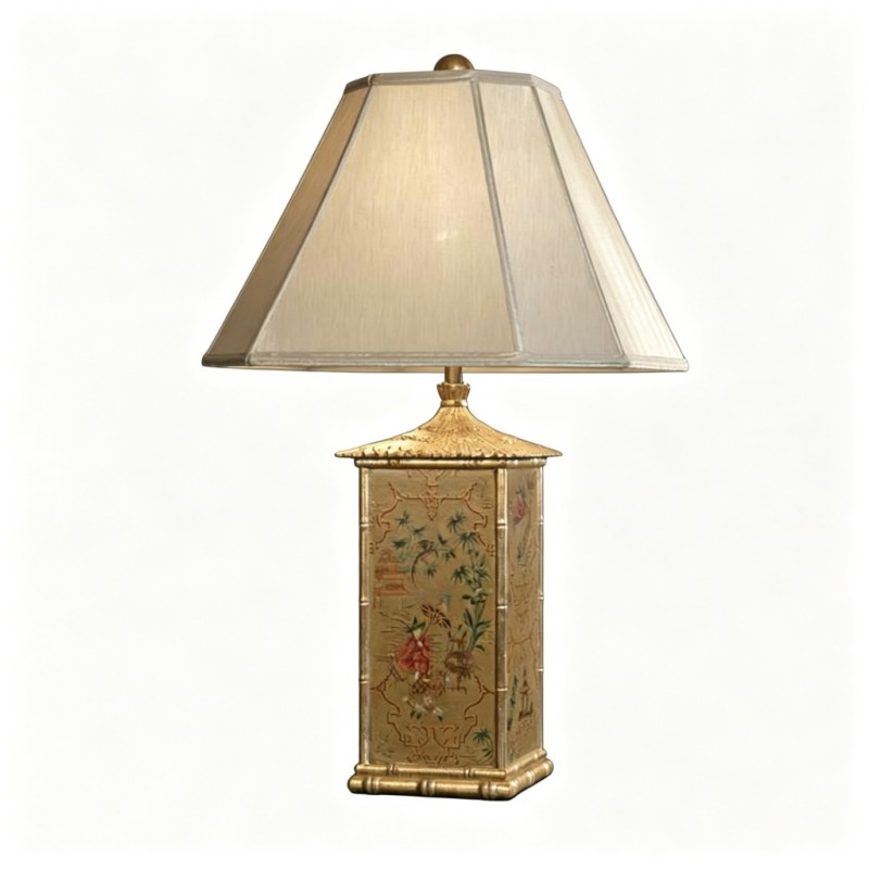 Chinese-Style Gold Bamboo Bird-and-Flower Table Lamp