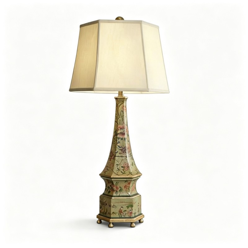 Chinese-Style Hexagonal Bird-and-Flower Hand-Painted Table Lamp