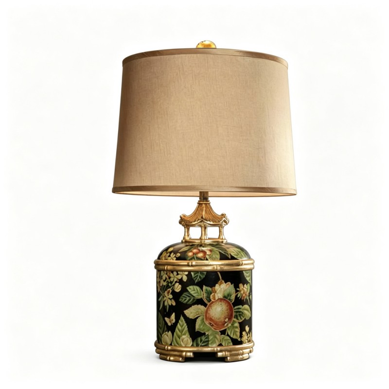 Chinese Black-Porcelain Floral Hand-Painted Ceramic Table Lamp