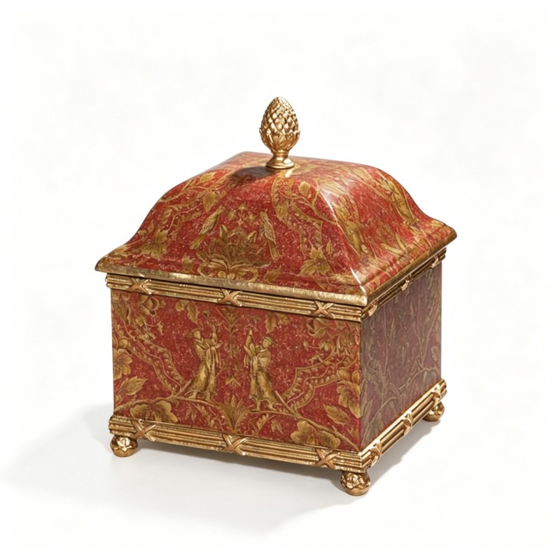 Red-Base Gold-Relief Bird-Flower-Figure Square Jewelry Box