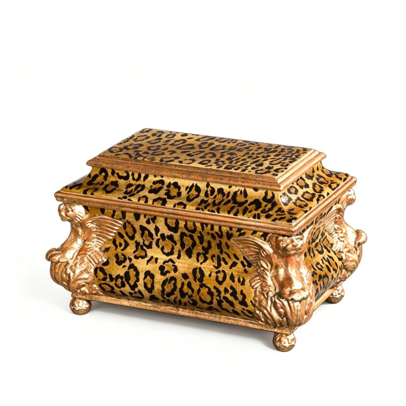 Gold-Base Leopard-Winged-Lion-Relief Square Storage Box