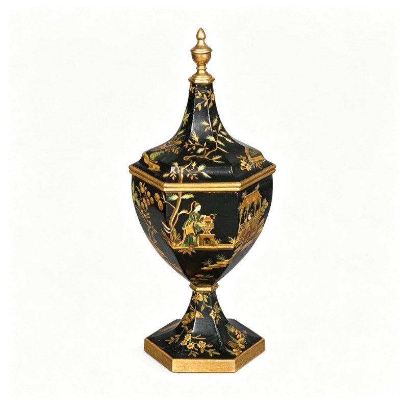 Black Gilt-Figure-Pavilion Hexagonal Lidded Decorative Box