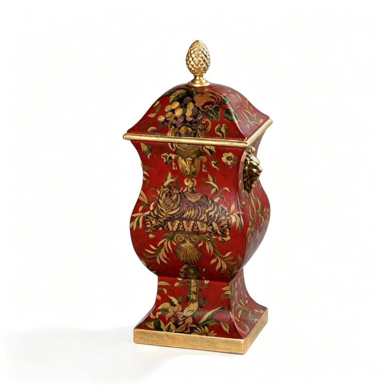 Red-Base Gold-Colorful Floral-Animal Lidded Storage Jar