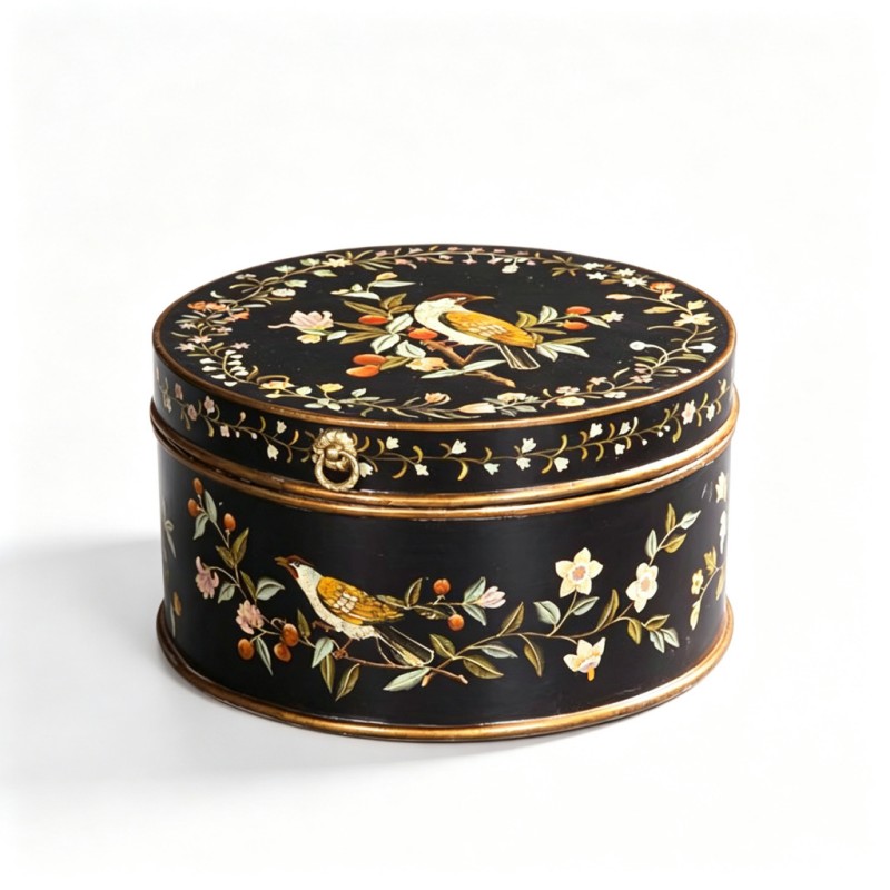 Black Gold-Edge Bird-Flower Round Lacquer Box