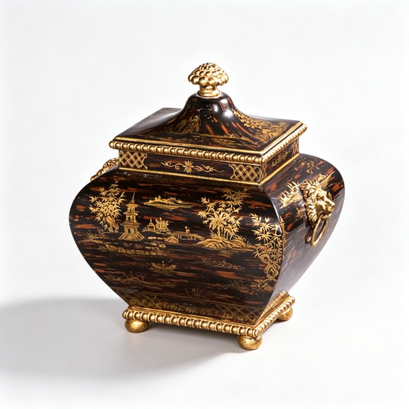 Dark-Brown-Black Gold-Painted Bamboo-Pavilion Flat-Square Lidded Jar