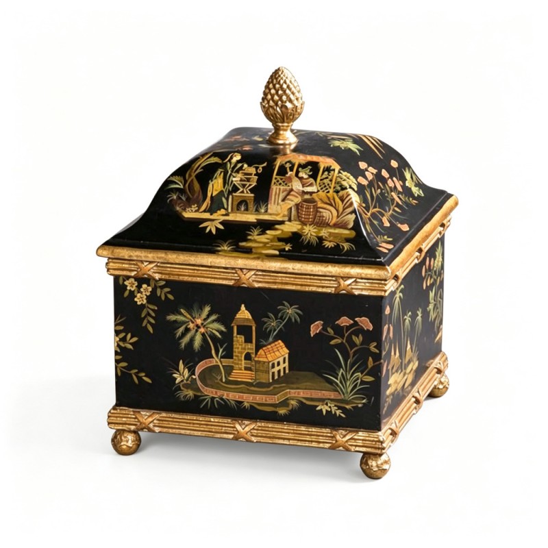 Black Gilt-Figure Tropical-Building Arched-Top Lacquered Wood Box