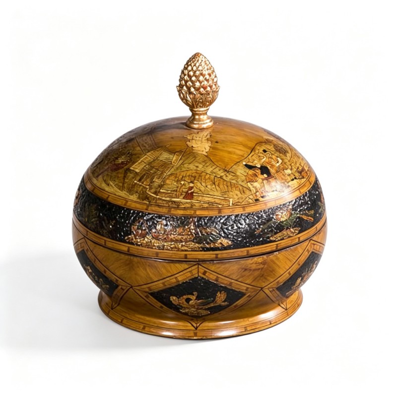 Brown-Yellow Wood-Grain Round Lidded Decorative Box