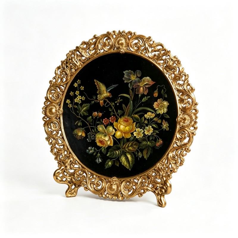 Gold-Carved-Frame Black-Base Floral Decorative Plate