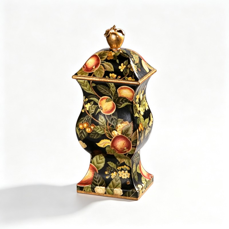 Black Hand-Painted-Peach-Floral Lidded Ceramic Storage Jar
