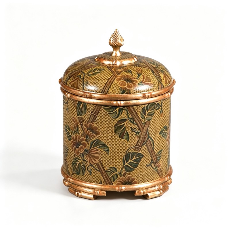 Beige Woven-Texture Floral Lidded Cylindrical Storage Jar