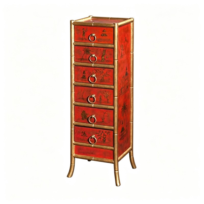 Chinese Gilt Figure Red-Lacquer Six-Drawer Standing Cabinet
