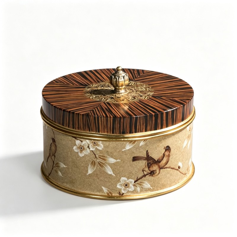 Beige Bird-Flower Round Lidded Storage Jar
