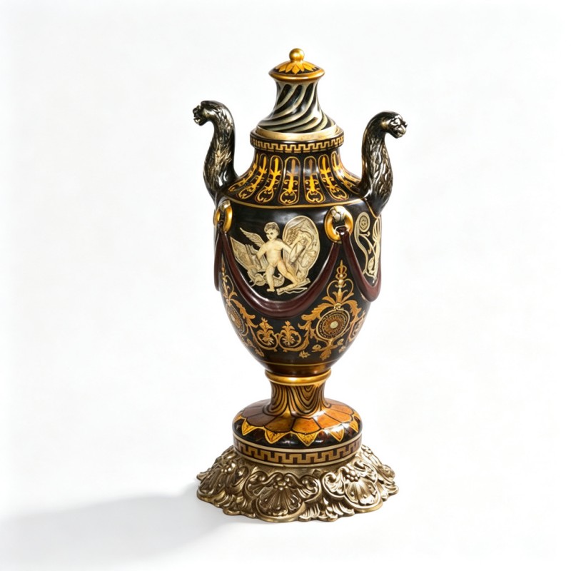 Black Gold-Carved-Angel-Relief Lidded Porcelain-Vase Ornament