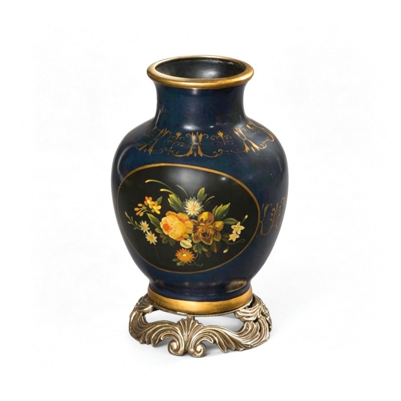 Deep-Blue Gold-Scrollwork Floral Hand-Painted Vase