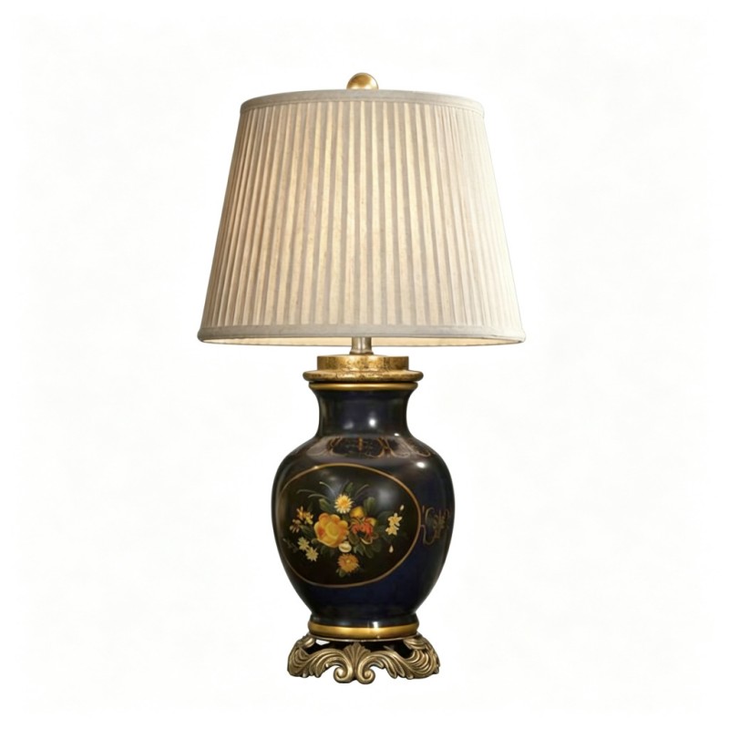 Classic Black-Ceramic Floral Hand-Painted Table Lamp