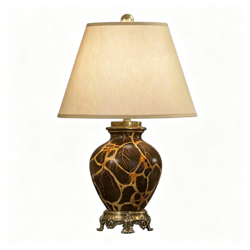Vintage Gold-Brown Cracked-Pattern Ceramic Table Lamp
