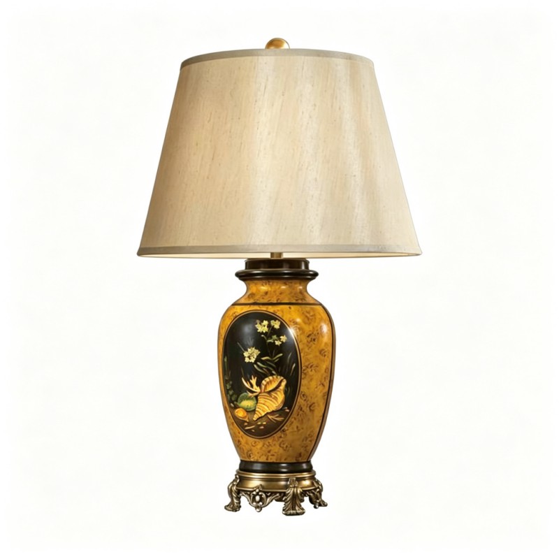 Vintage Yellow-Brown Ceramic Floral Conch-Shell Table Lamp
