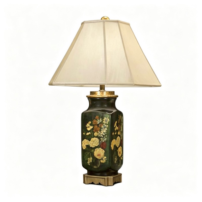 Vintage Deep-Green Rose-Floral Hexagonal Table Lamp