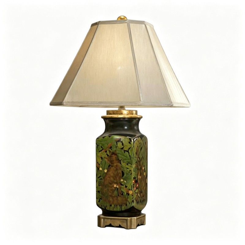 Vintage Black-Base Botanical-Fox-Pattern Table Lamp