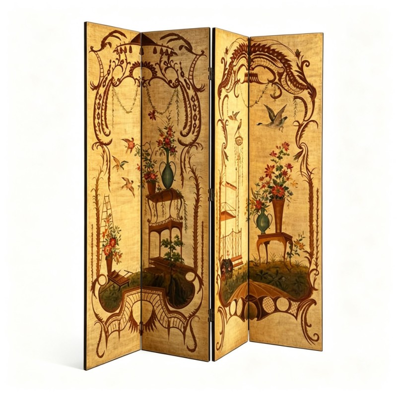 Beige Rococo-Garden Four-Fold Screen