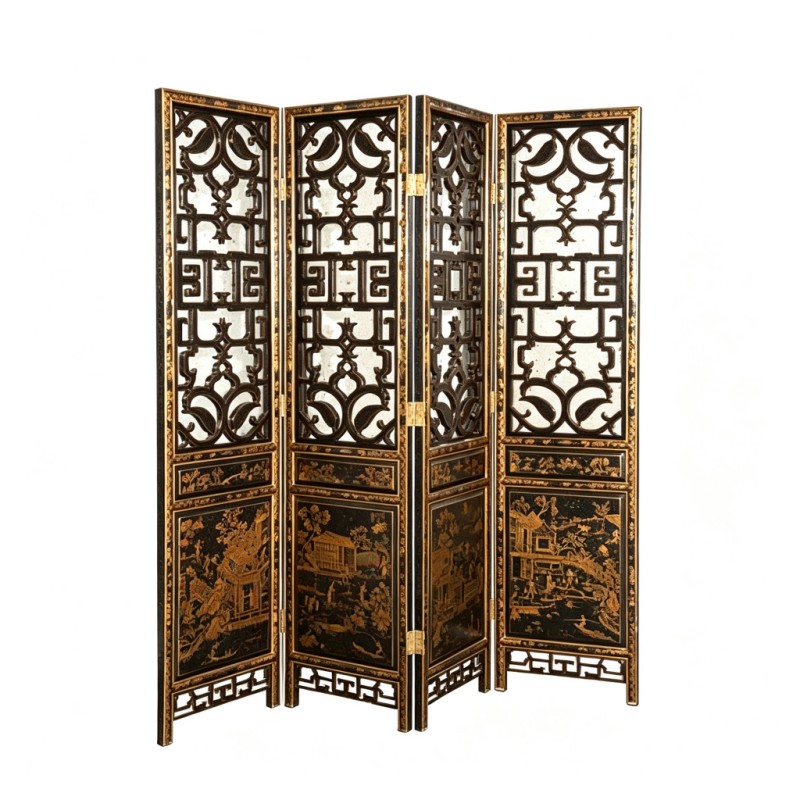 Black-Base Gilt Chinese Openwork Four-Fold Screen