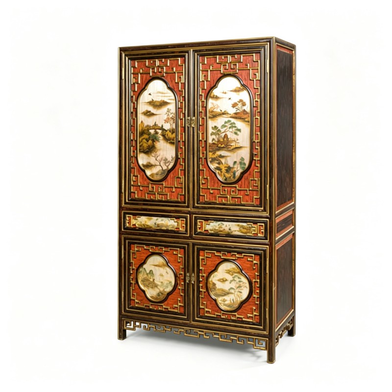 Chinese Gilt Landscape Solid Wood Standing Cabinet