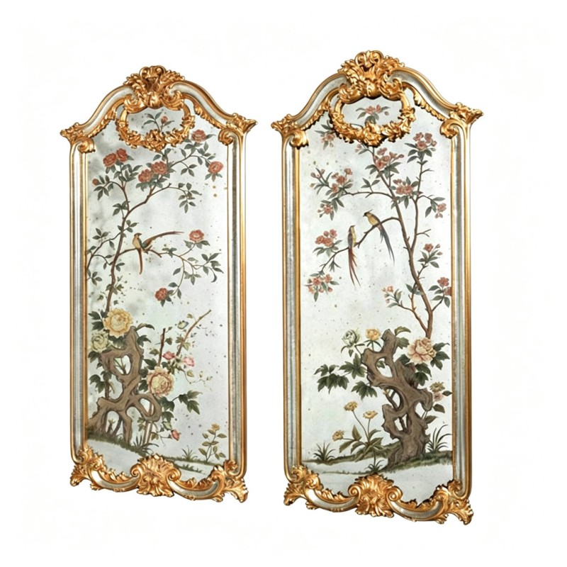 Pair of Gold-Framed Chinese Bird-and-Flower Decorative Mirrors
