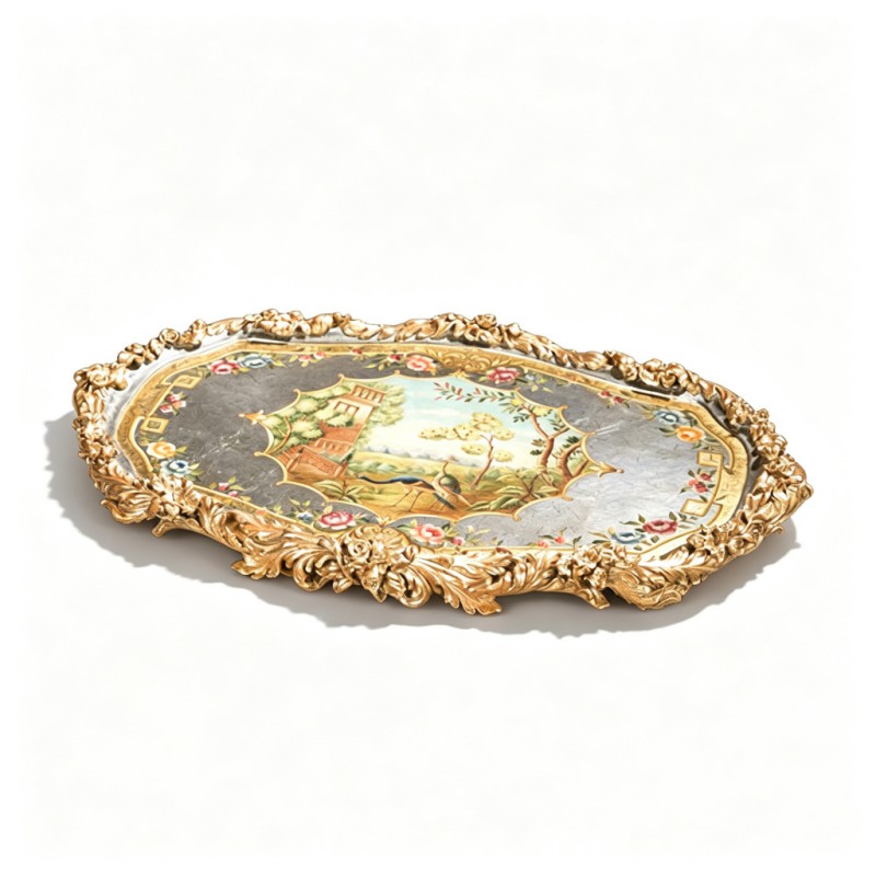 Oval Gold-Carved Chinese-Garden Painted Tray