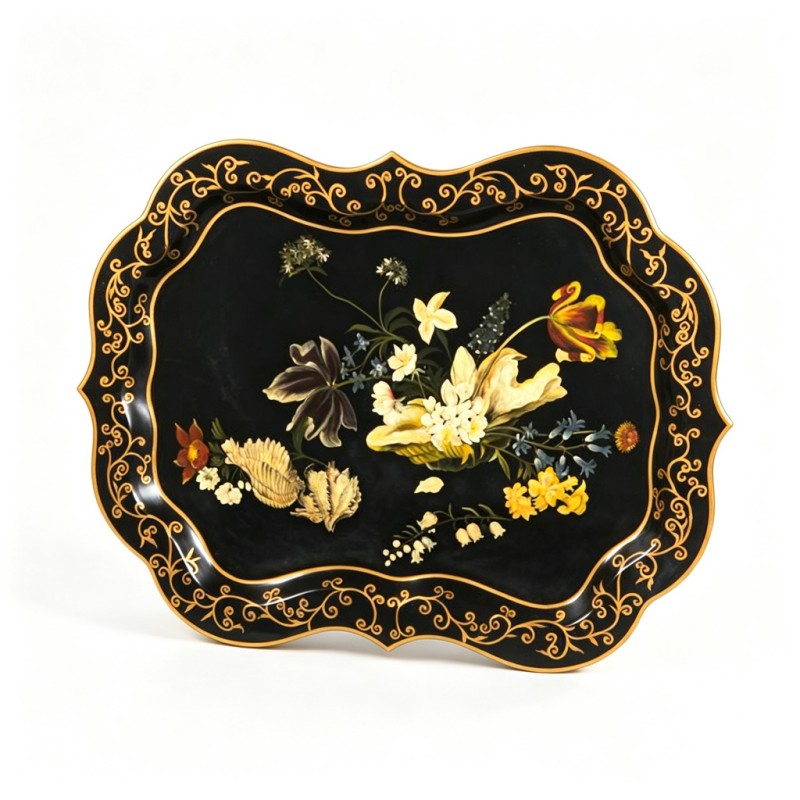 Black Gold-Scrollwork Floral Scalloped-Edge Tray