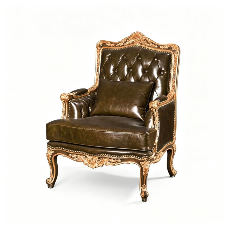 Classic French-Style Carved Genuine Leather Armchair