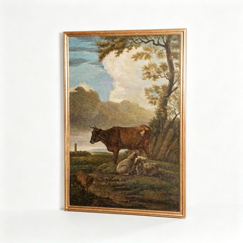 Gold Wood-Framed Pastoral Cattle-and-Sheep Landscape Oil Painting