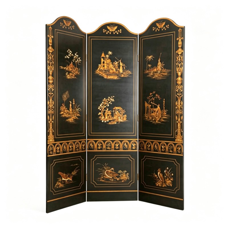 Black-Base Gilt Figure-and-Pavilion Three-Fold Screen