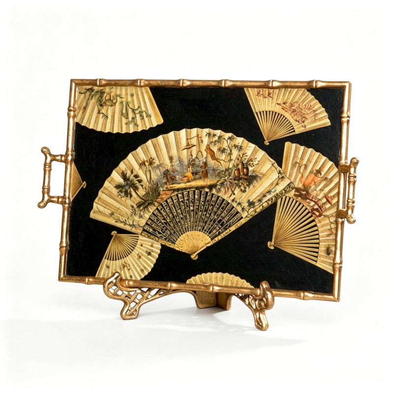 Bamboo-Styled Gold-Framed Folding-Fan Decorative Tray