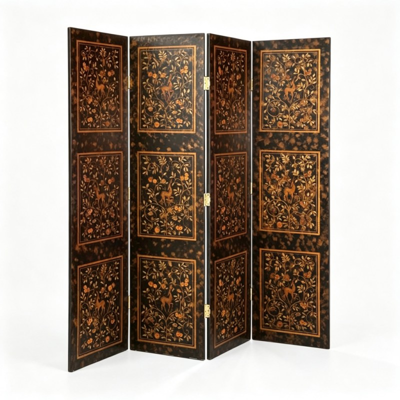 Black Gold-Orange Deer-Pattern Four-Fold Screen
