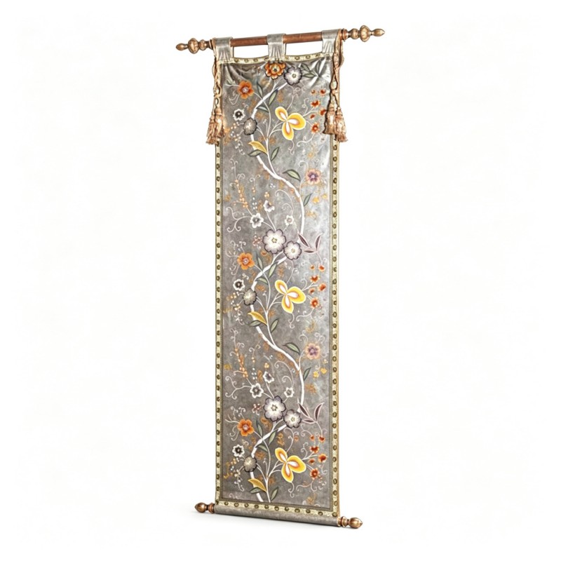 Grey White-Floral-Branch Embroidered Decorative Wall Hanging