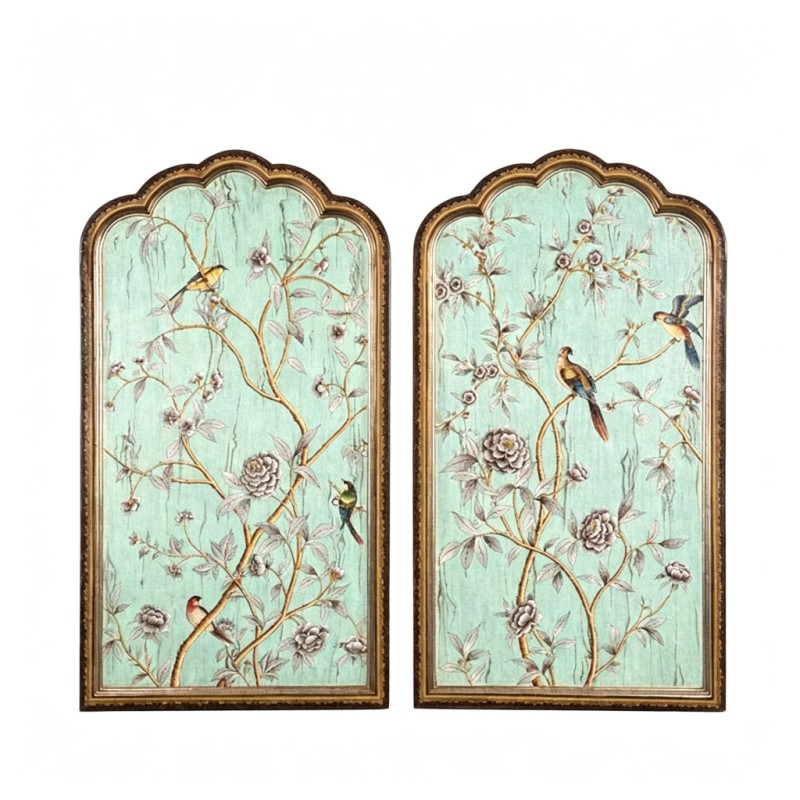 Pair of Arched Celadon Bird-and-Flower Wall Art