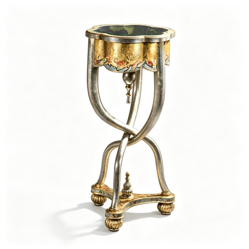 Classic French-Style Enamel Hand-Painted Silver-Leg Pedestal Side Table