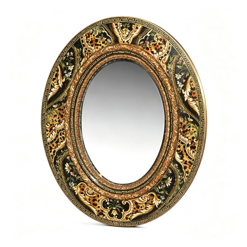 Oval Black-Gold Leopard-Print Floral Decorative Mirror