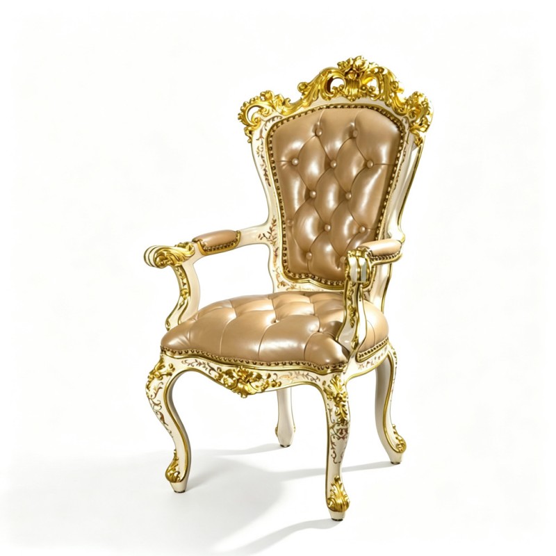 French Classical Cream Leather Tufted Armchair