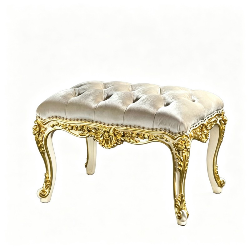French Classical Cream Velvet Carved Vanity Stool
