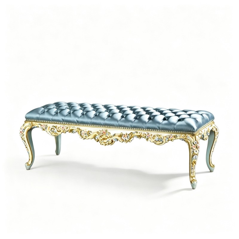 French Classical Light-Blue-Grey Satin Carved Bench