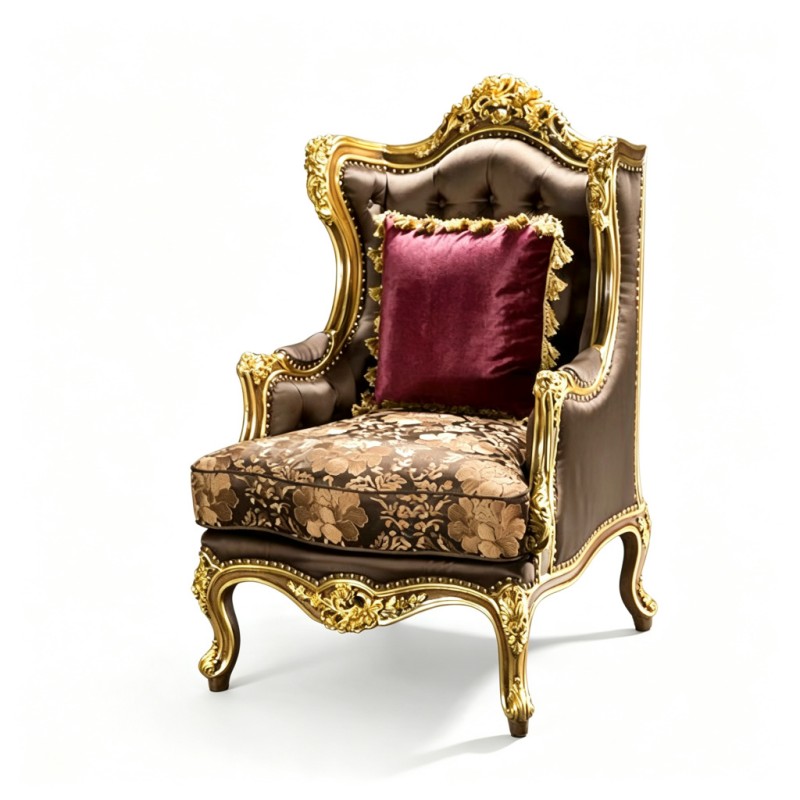 French Classical Dark-Brown Leather Gilded Carved Armchair