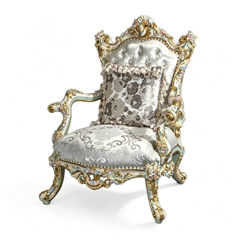 French Rococo Powder-Blue Hand-Painted Carved Armchair