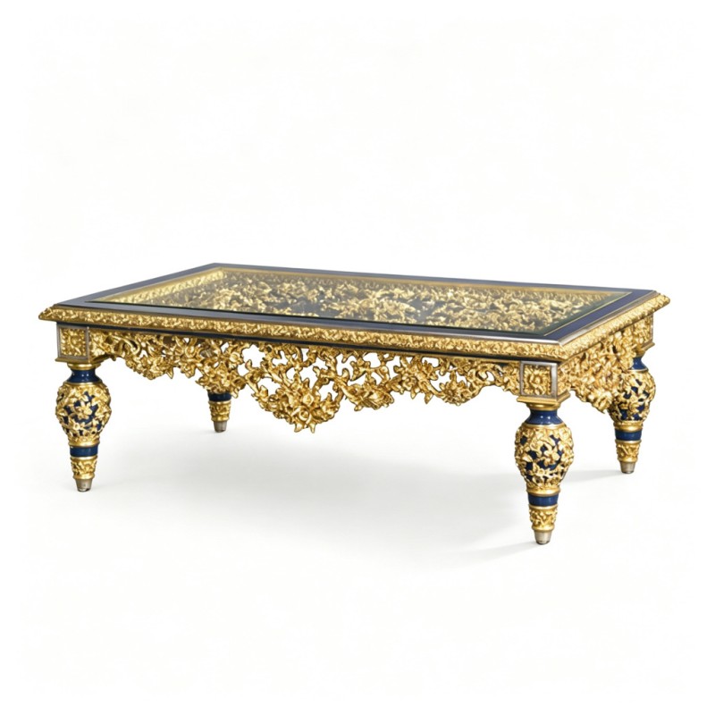 French Classical Deep-Blue Gold-Carved Glass-Top Coffee Table