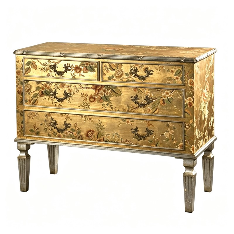 French Classical Gold-Base Floral Hand-Painted Four-Drawer Chest